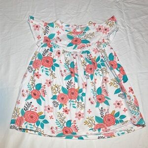 Floral Flutter-Sleeve Baby Dress - White with Coral & Teal Flowers